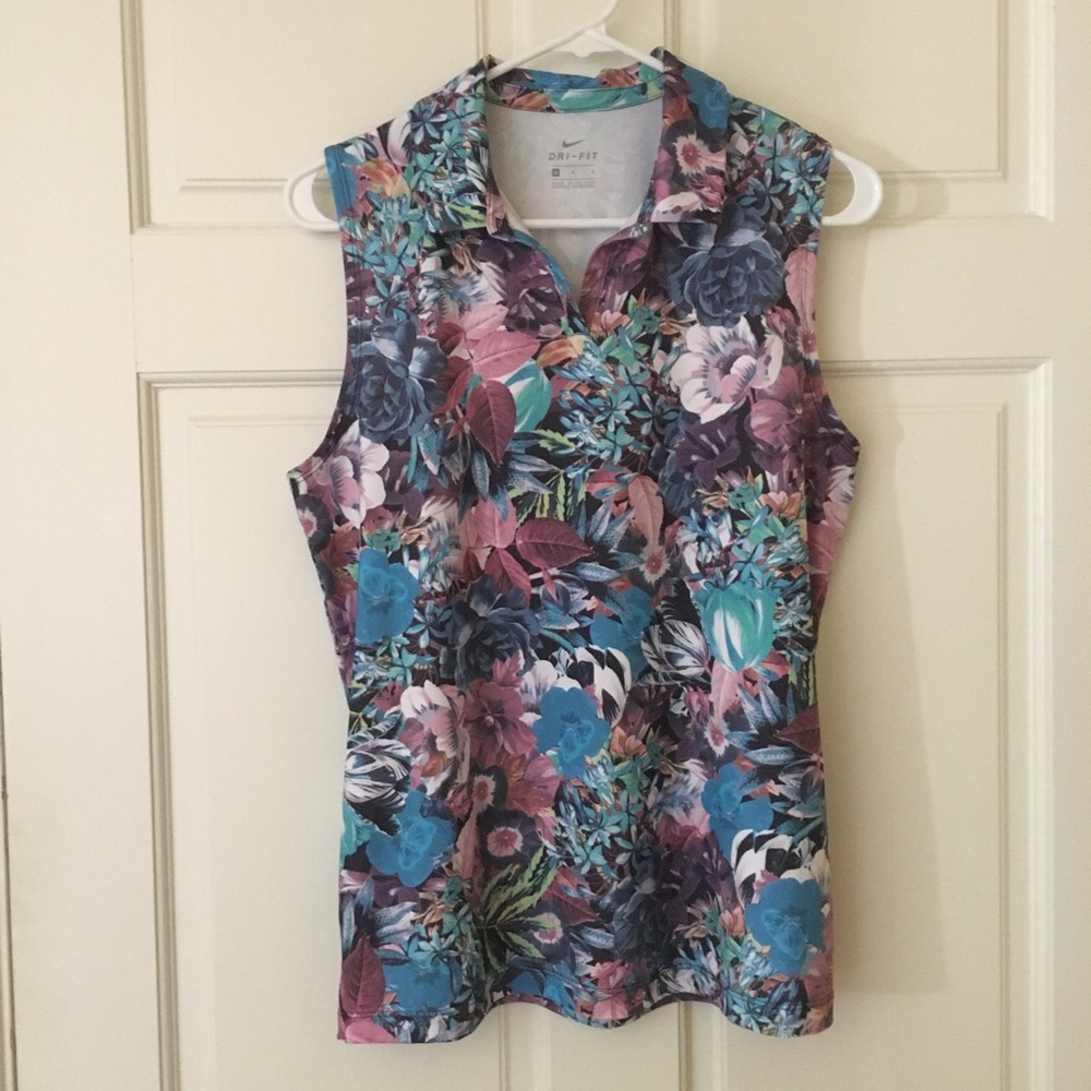 Nike (M) Dri Fit Sleeveless Top Womens Medium Floral VNeck Collar Golf Shirt